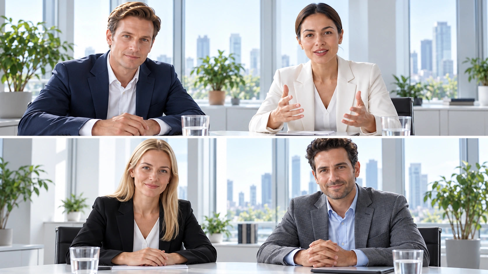 Two opposing 180-degree views of the same four colleagues, two people in each half