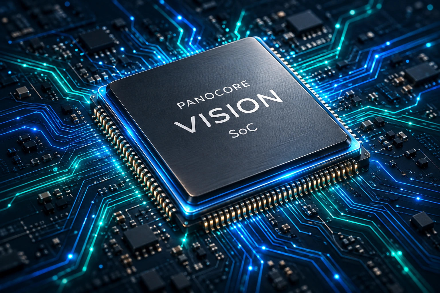 Premium concept render of the PANOCORE VISION SoC with blue and teal illuminated circuit paths