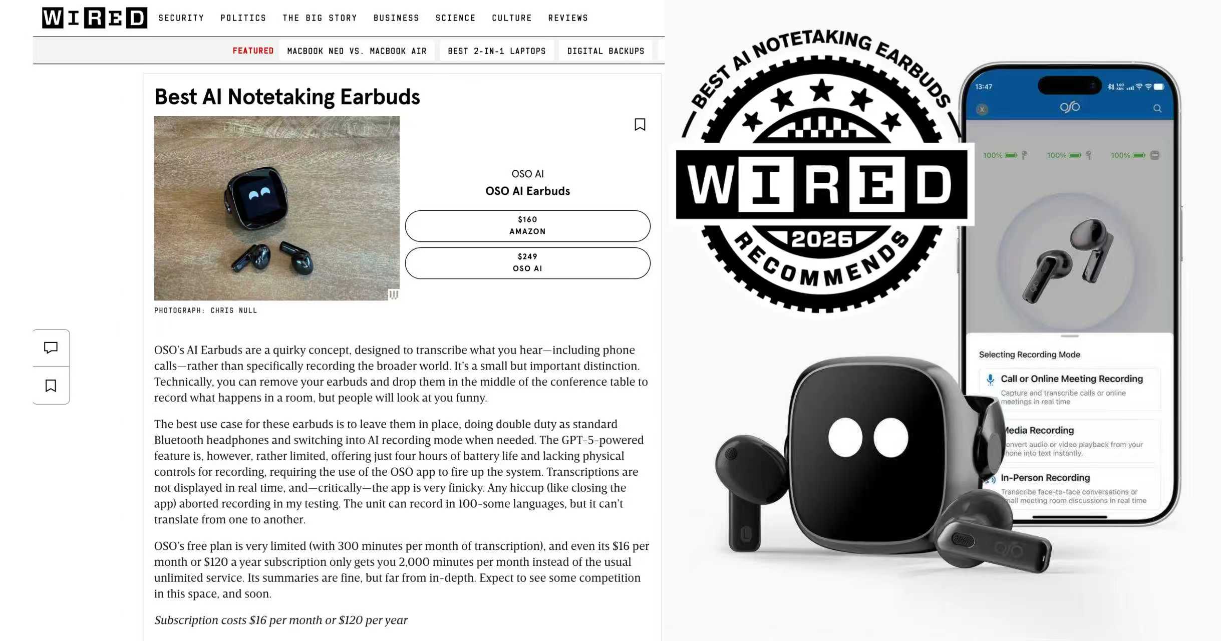 WIRED Names OSO the "Best AI Notetaking Earbuds of 2026"