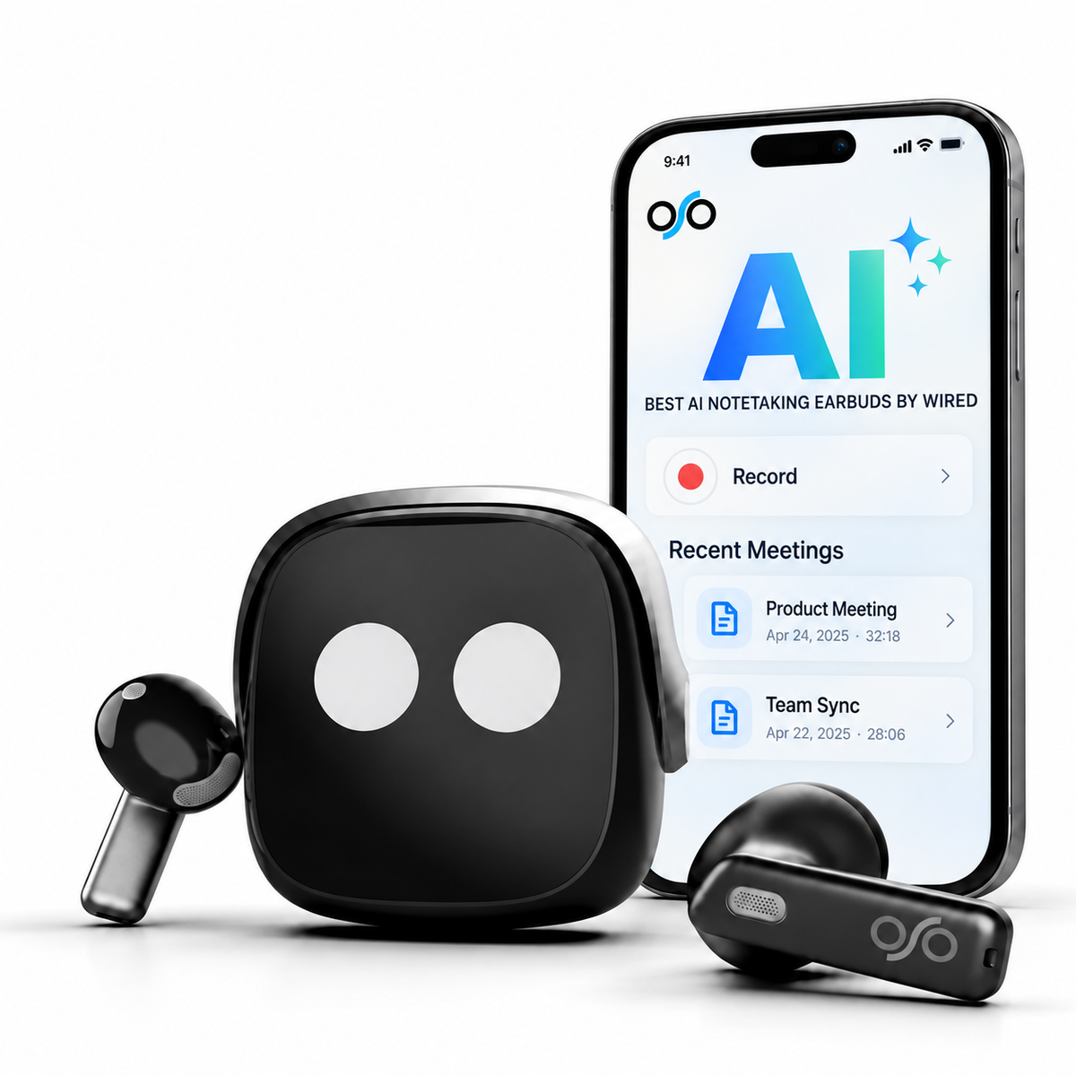 OSO² AI earbuds and charging case beside the OSO AI app interface