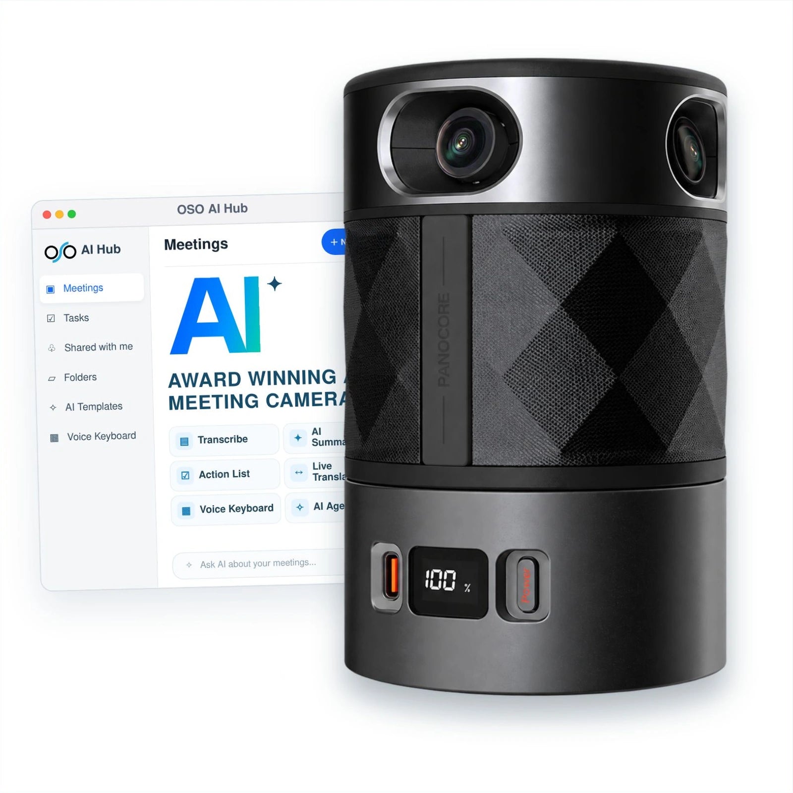 PANOCORE 360 AI meeting camera with OSO AI Hub transcription software