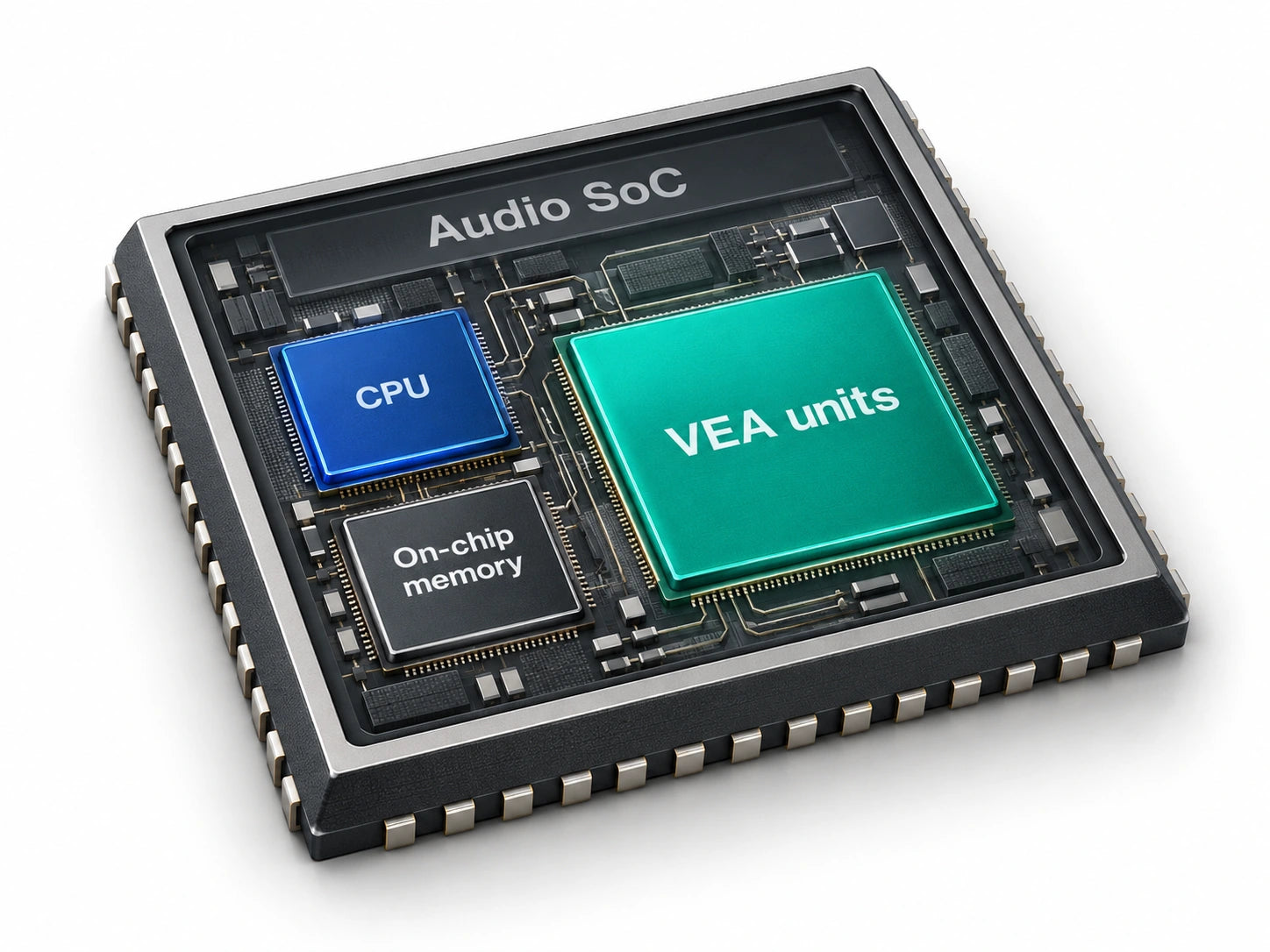 Conceptual Audio SoC with integrated CPU, on-chip memory and VEA units for voice enhancement.
