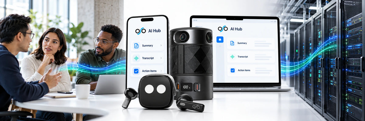 Human conversation connects through OSO² earbuds and PANOCORE 360 AI, together with OSO AI Hub on phone and computer, to cloud AI represented by physical server racks