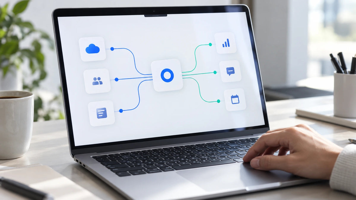 A laptop running an integration dashboard in a real workspace