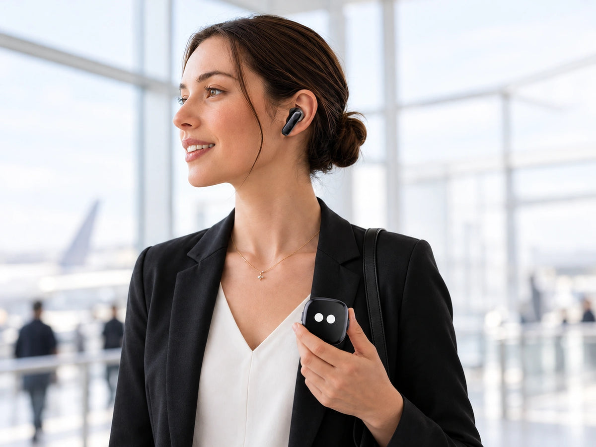 A professional wearing OSO earbuds and holding the OSO charging case