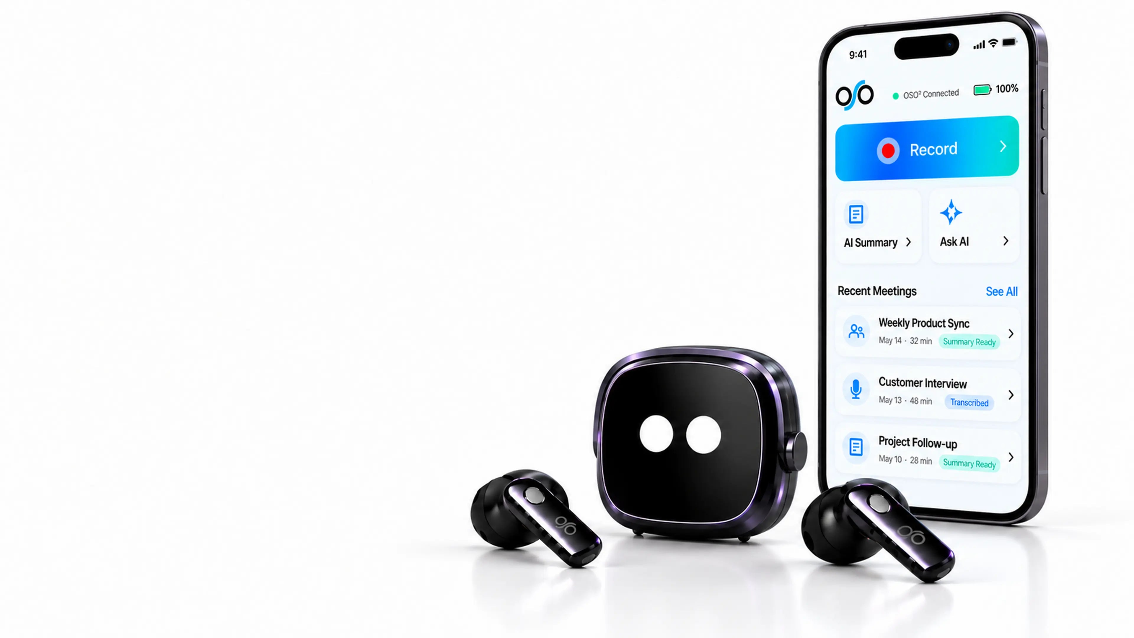 OSO² AI earbuds and smart charging case beside a phone displaying the OSO AI app.