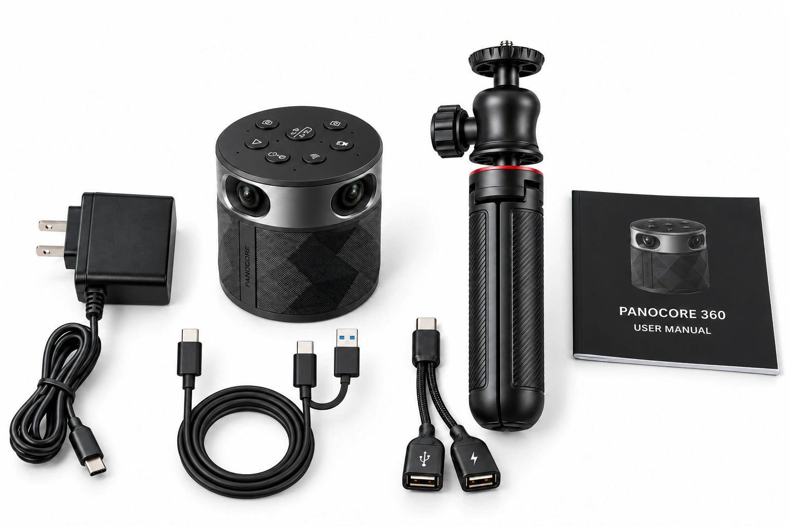PANOCORE 360 camera, ball-head tripod, smooth USB-C to USB-C cable with a tethered USB-A adapter, USB-C splitter marked with USB and lightning icons, USB-C charger, and printed manual on white, without a retail carton