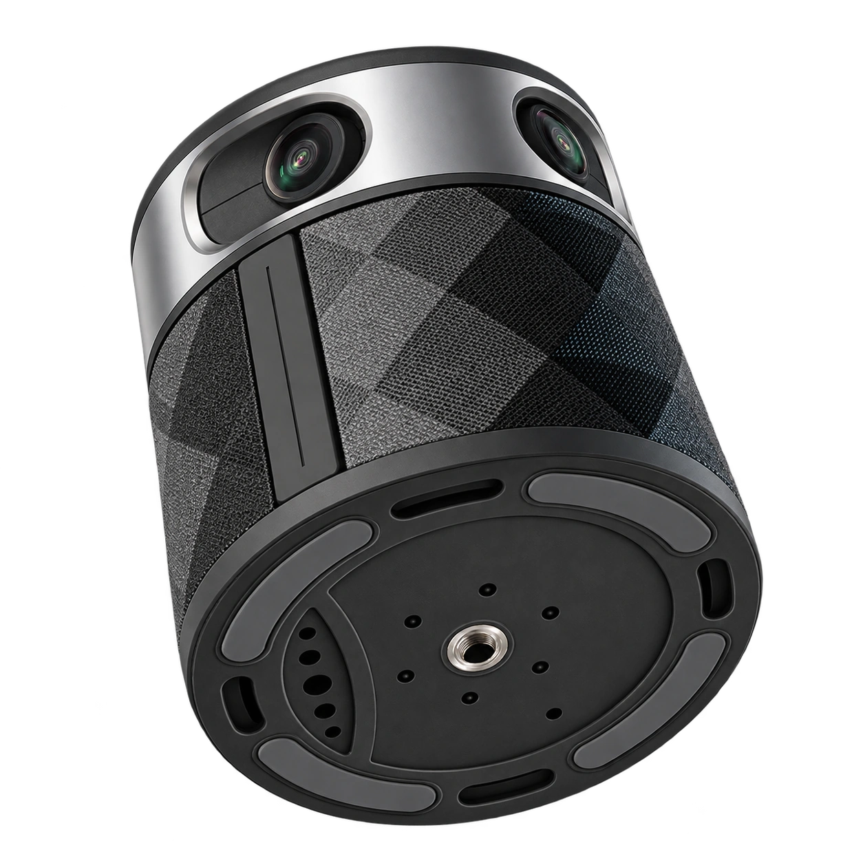 Angled underside view of the complete PANOCORE 360 Classic with curved rubber feet and a central metal female threaded 1/4-inch tripod mounting insert