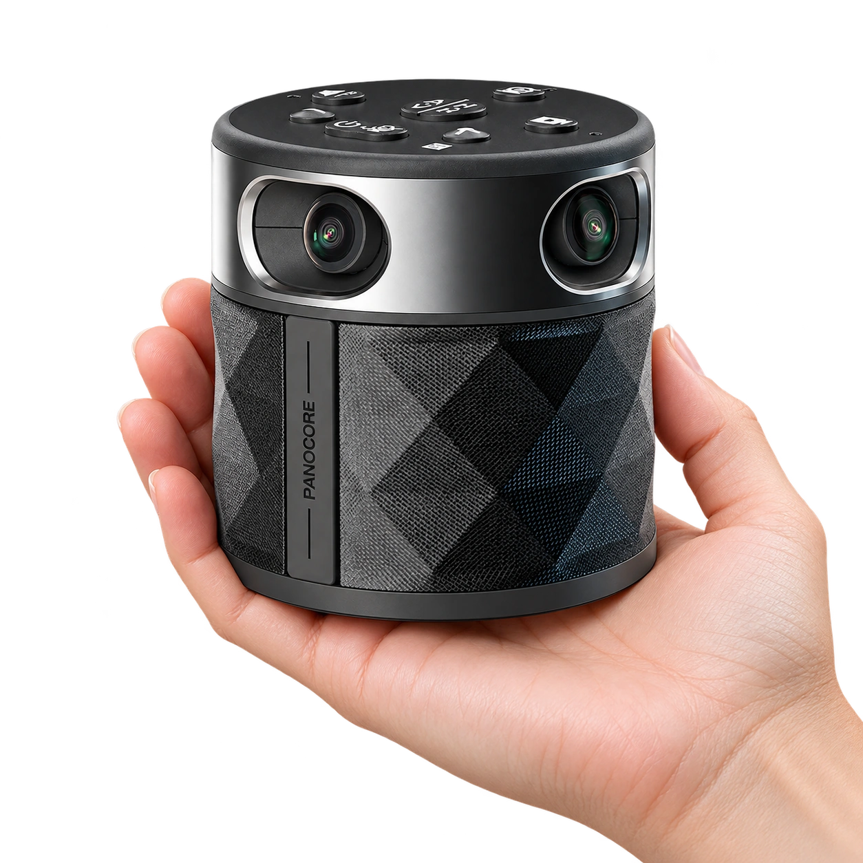 Palm-sized PANOCORE 360 Classic supported in one hand to show its compact 8.5 cm diameter and 9.5 cm height