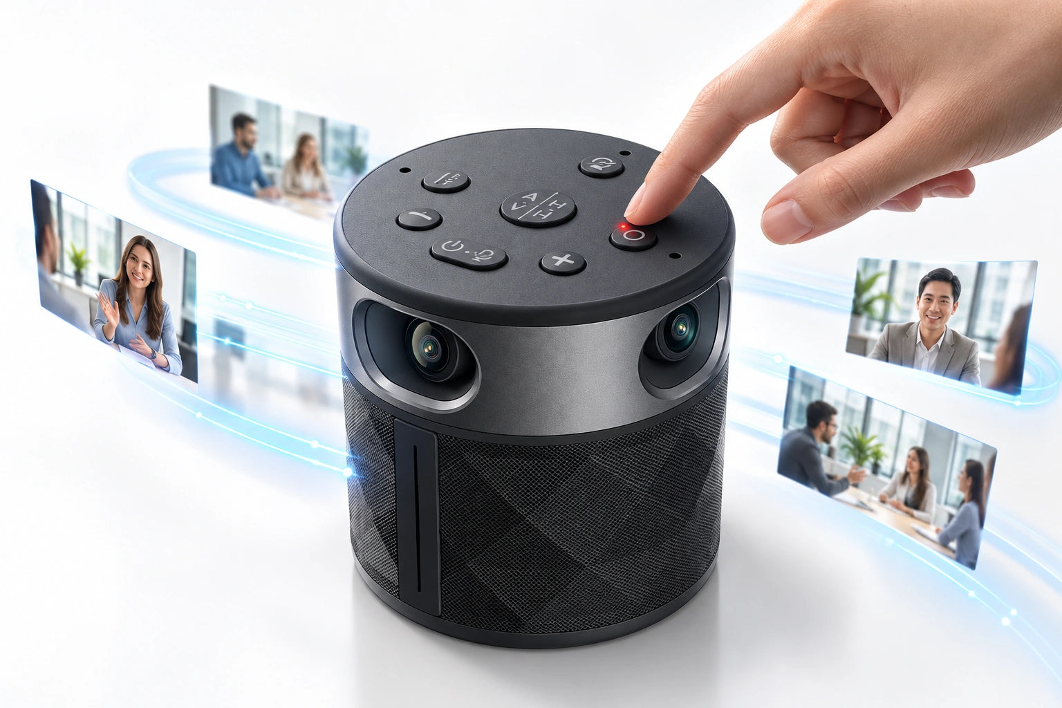 A hand presses the top recording button on PANOCORE 360, with subtle meeting video frames and data trails on a modern white background