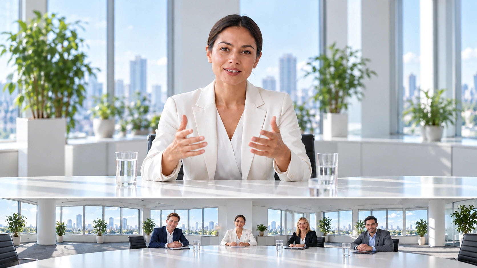 White-blazer speaker centered above a continuous 360-degree panorama of the same four colleagues from the video cover