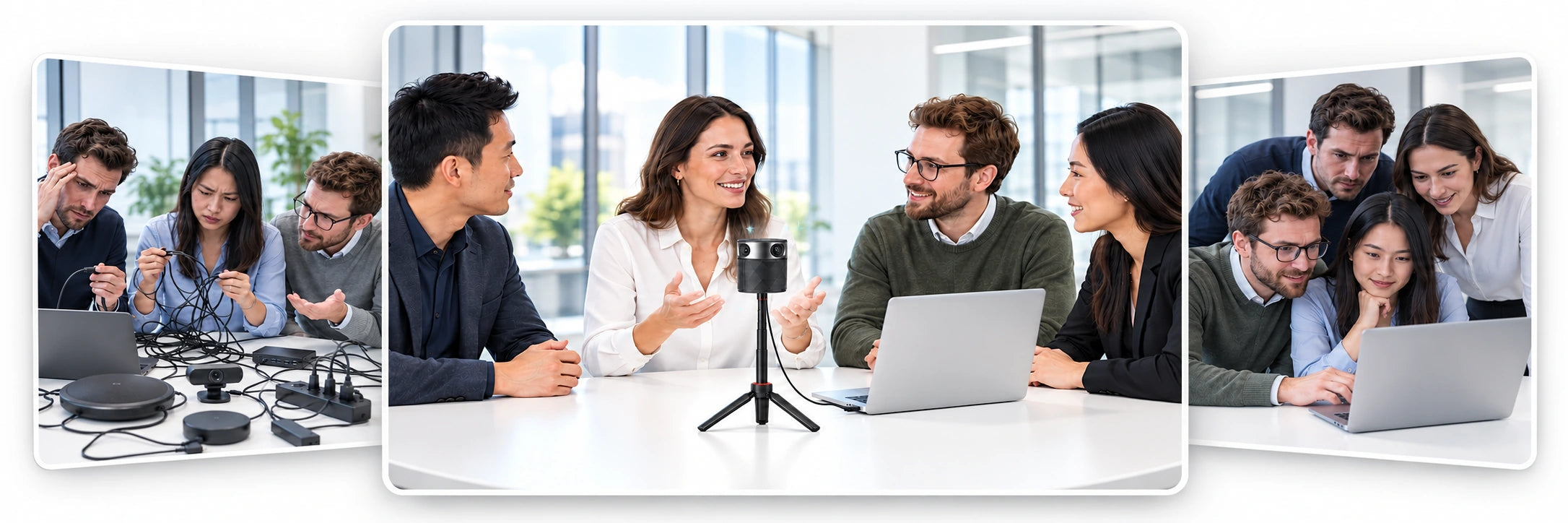 Three layered photo frames: readable equipment-clutter and laptop-huddle scenes sit slightly behind a larger bright center frame with relaxed coworkers and a compact PANOCORE on a raised slim tripod