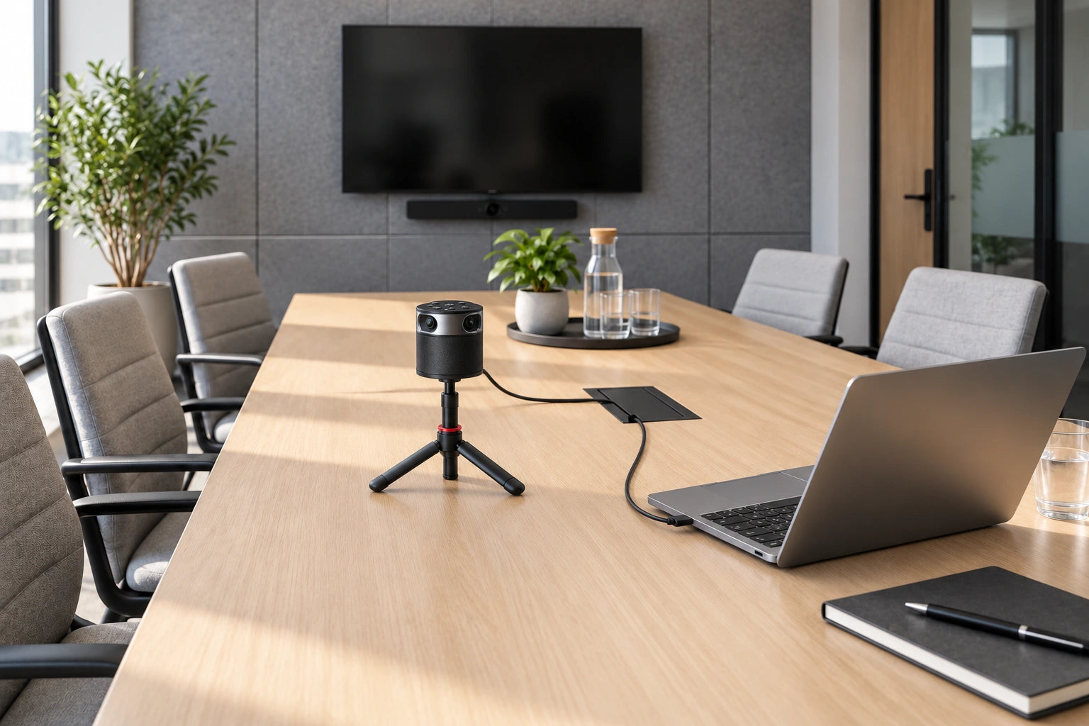 Compact PANOCORE 360 on a slim tripod in a mid-size conference room; its cable passes through the central black table cable cover before connecting to the laptop’s side USB port