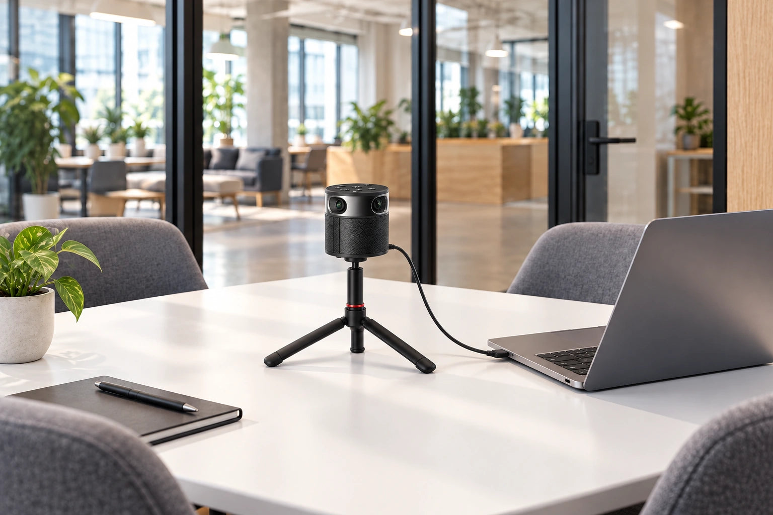 Compact PANOCORE 360 on its red-accent tabletop tripod in a coworking space, with a single cable plugged into the laptop’s visible side USB port