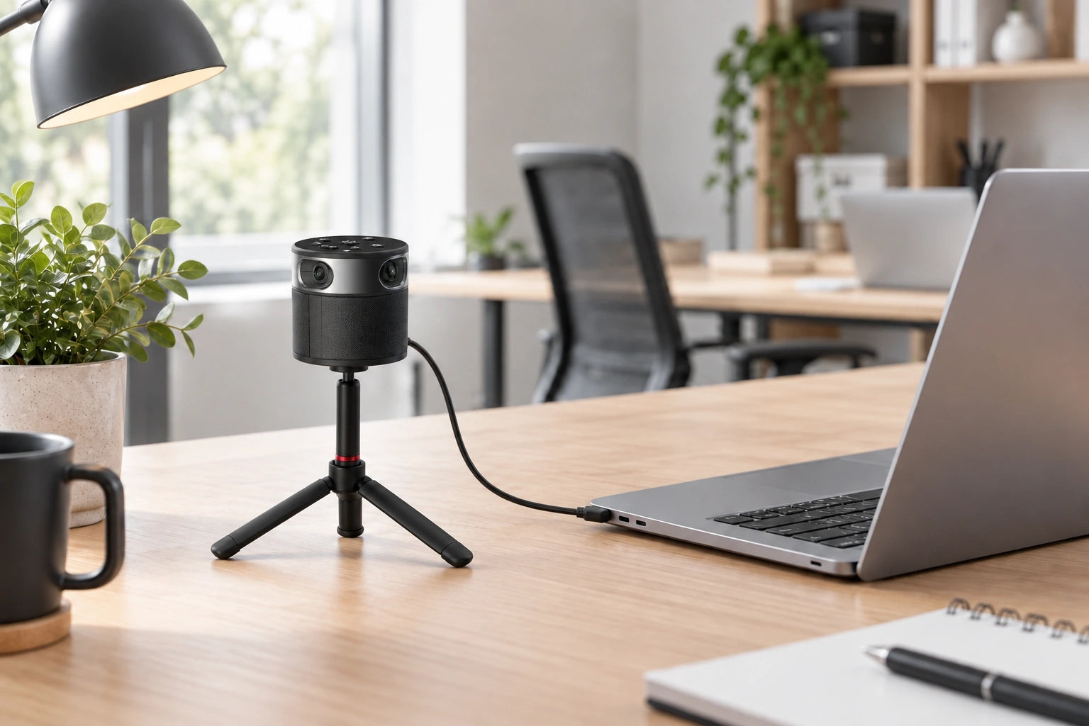 Compact PANOCORE 360 on its red-accent tabletop tripod in a desk space, with a single cable plugged into the laptop’s visible side USB port