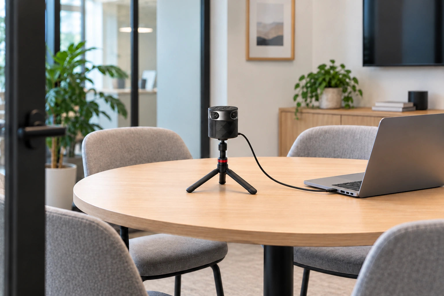 Compact PANOCORE 360 on its red-accent tabletop tripod in a room space, with a single cable plugged into the laptop’s visible side USB port