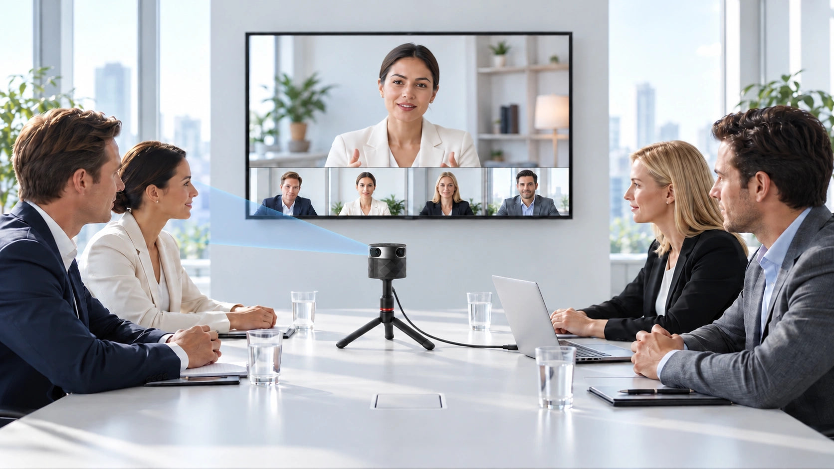 The white-blouse woman at the table is centered on the meeting display; a compact PANOCORE 360 is positioned below her chin on a shorter center pole on a tall slim tabletop tripod, with a faint blue tracking cone directed toward her face