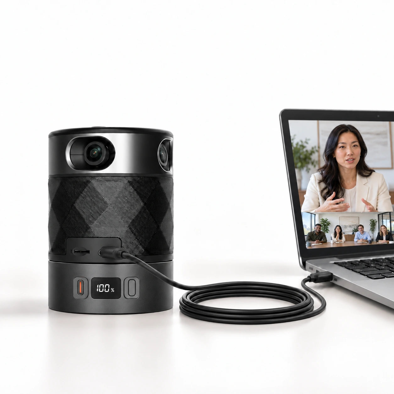 PANOCORE 360 AI with battery base connected to a laptop by a USB cable