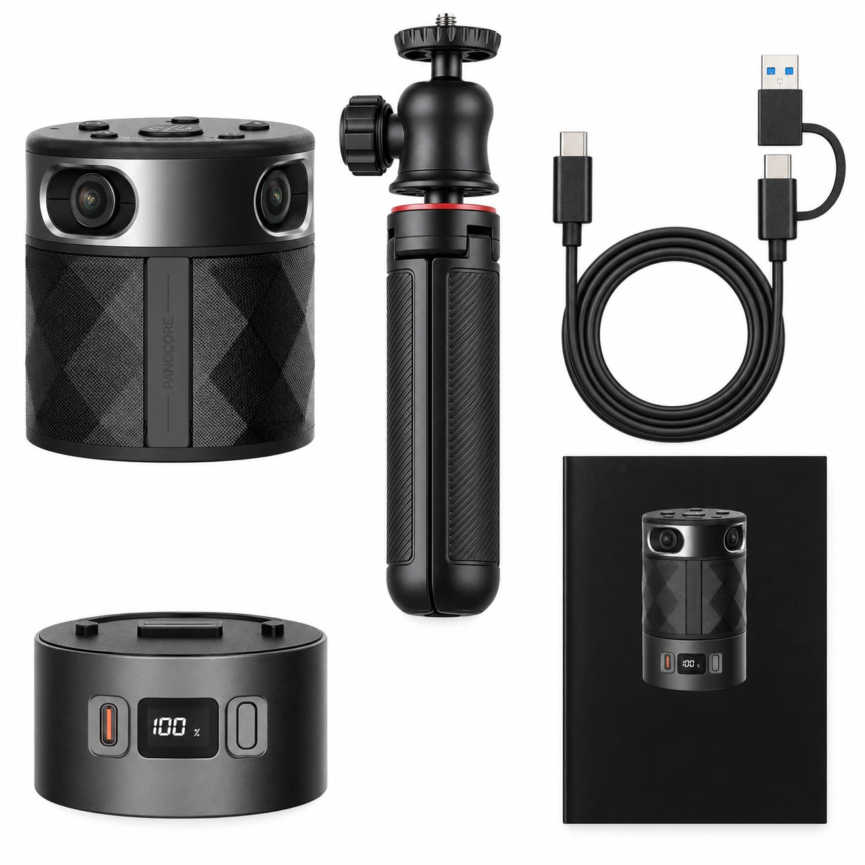 PANOCORE 360 AI camera body, battery base, tabletop tripod, USB cable with adapter, and printed manual