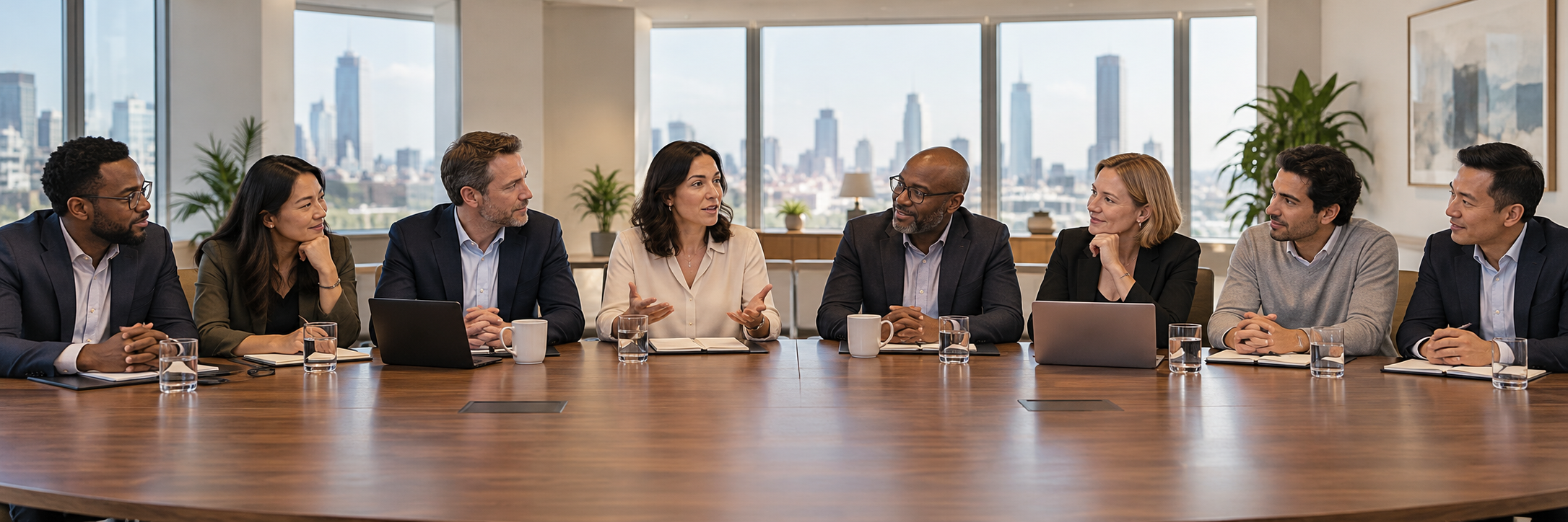 Eight colleagues seated at one continuous conference table
