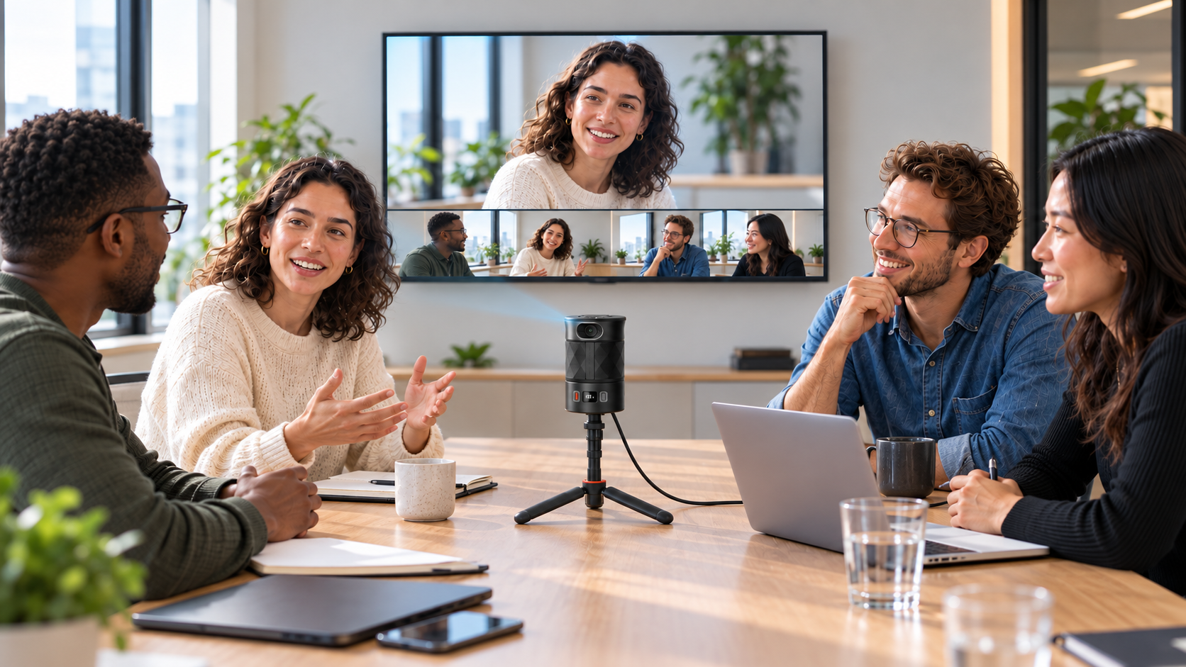 Four colleagues around a table with a remote participant on screen