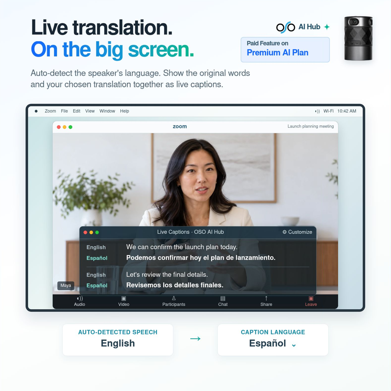 Video meeting with on-screen OSO AI Hub captions showing English speech and Spanish translation